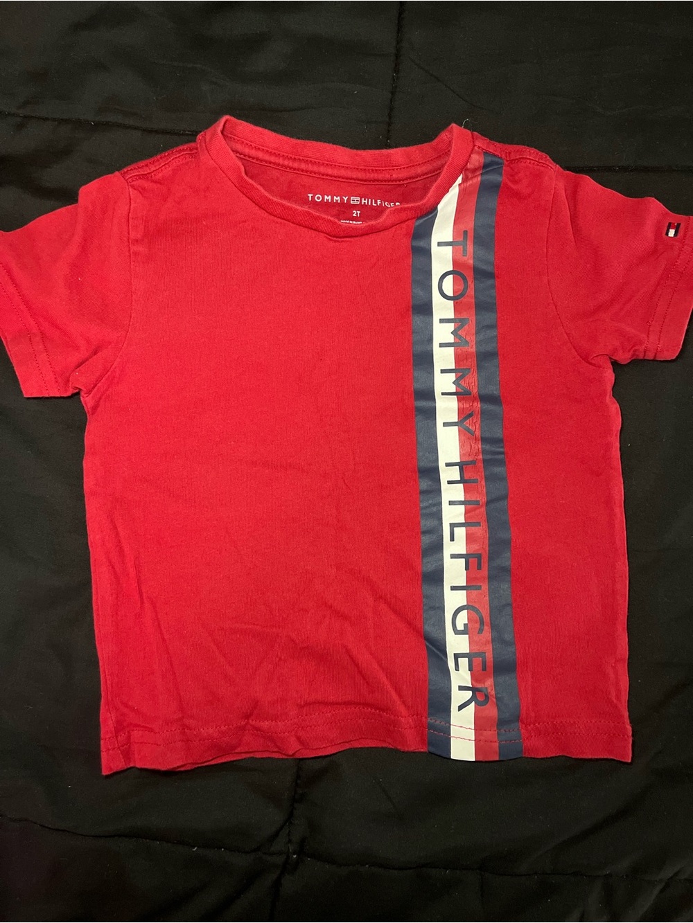 Tommy Hilfiger Red Tee with Navy & White Logo Stripe